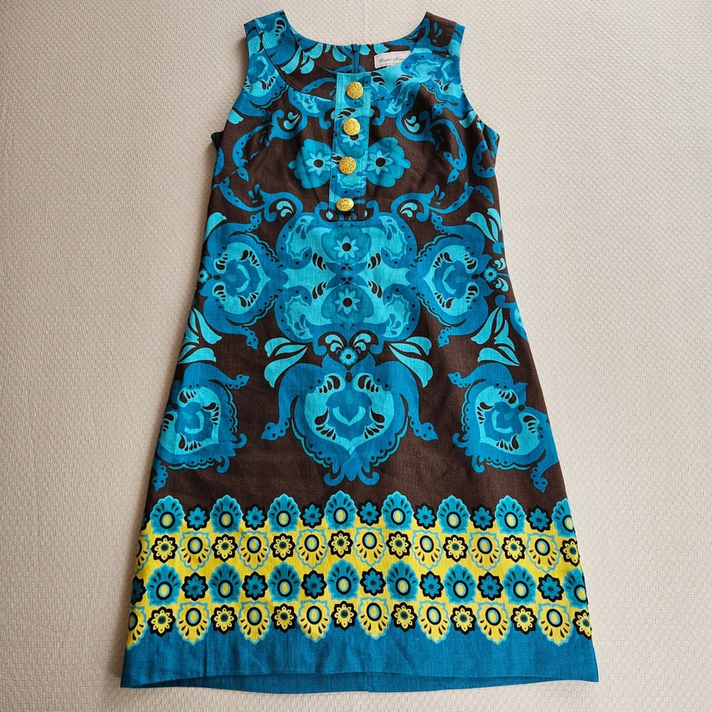 Elizabeth Howard Blue Brown Paisley Linen Blend Mod Shift Dress Gold Buttons 6